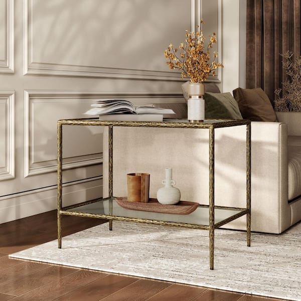 Parto 30 in. Modern Forged Gold Metal Rectangle Glass Top End Table With Shelf