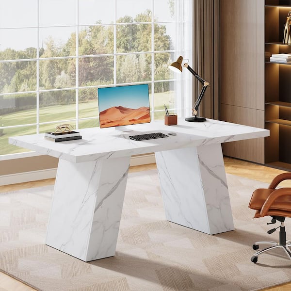 BYBLIGHT Moronia 63 in.  Rectangular White Engineered Wood Computer Desk with Double Pedestal