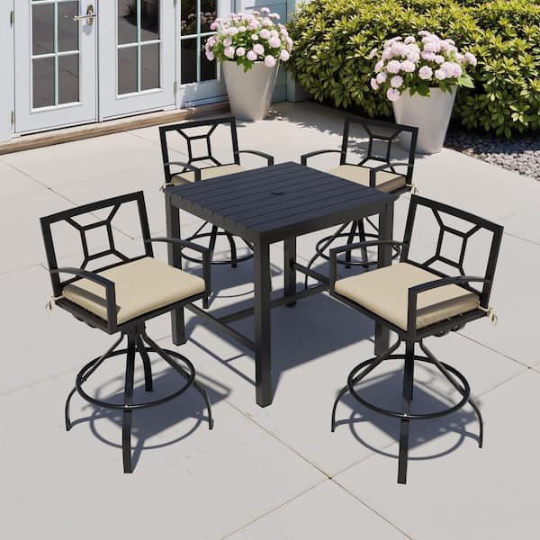 Crestlive Products 5-Piece Square Aluminum Outdoor Dining Set with 35.4 in. Table and Bar Stool with Champagne Sunbrella Cushion