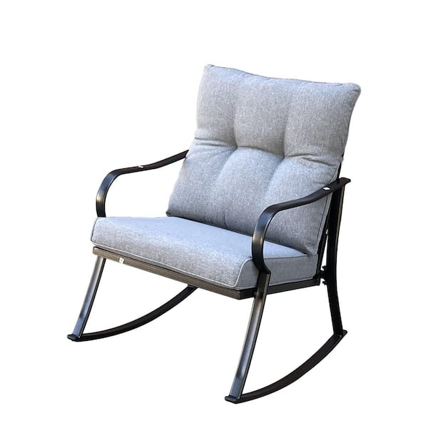 3-Piece Metal Outdoor Bistro Rocker Set with Medium Grey Cushion and Teapoy