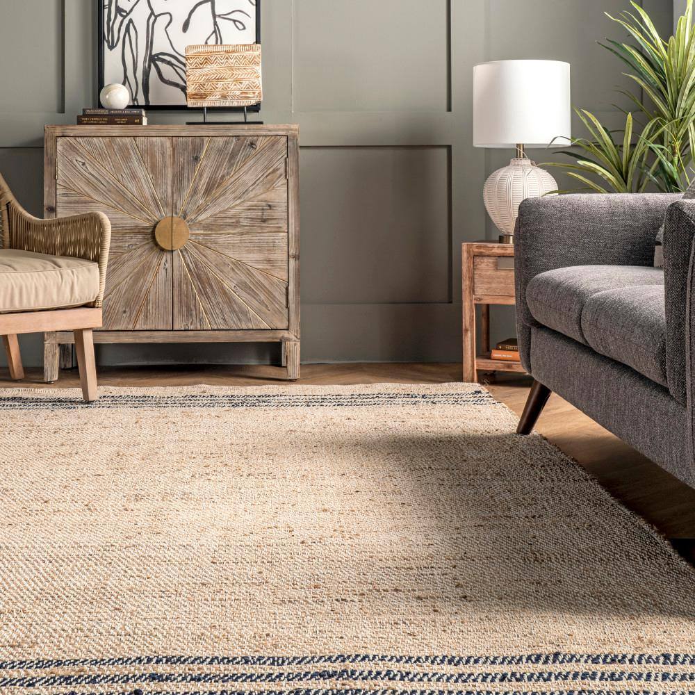Natural Jute Flatwoven Area Rug with Blue Stripes, 5' x 8'