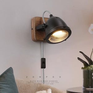 4.72 in. 1 Light Plug in GU10 Wall Sconces with Black Rotating Shade, Industrial Wood Base Wall Lamp, not included bulb