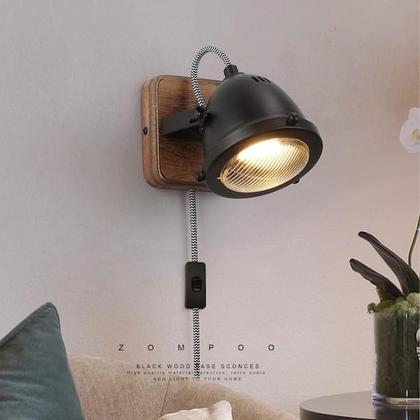 4.72 in. 1 Light Plug in GU10 Wall Sconces with Black Rotating Shade, Industrial Wood Base Wall Lamp, not included bulb