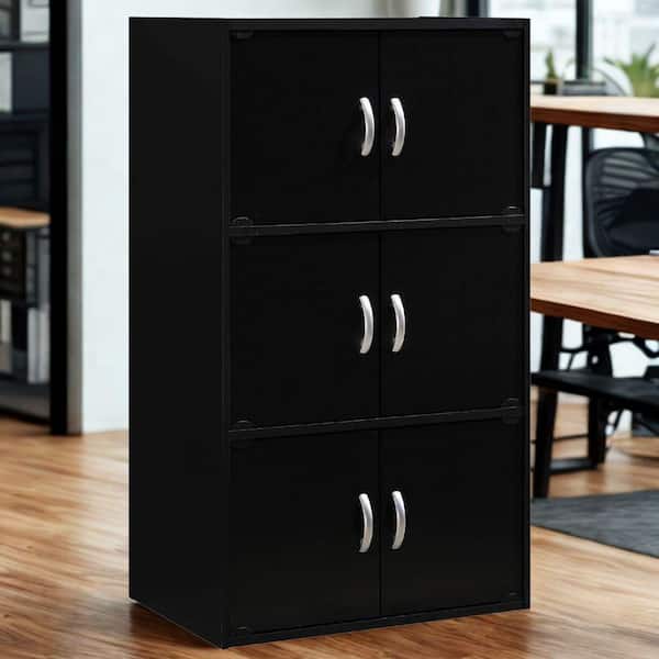 40.8 in. Tall Black Wood 3-Shelf Bookcase with 6-Doors Enclosed Storage 3-Tier Bookshelf for Home or Office