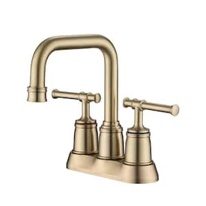 4 Inch Centerset Double Handle High Arc Bathroom Sink Faucet with Lift Rod Drain in Brushed Gold
