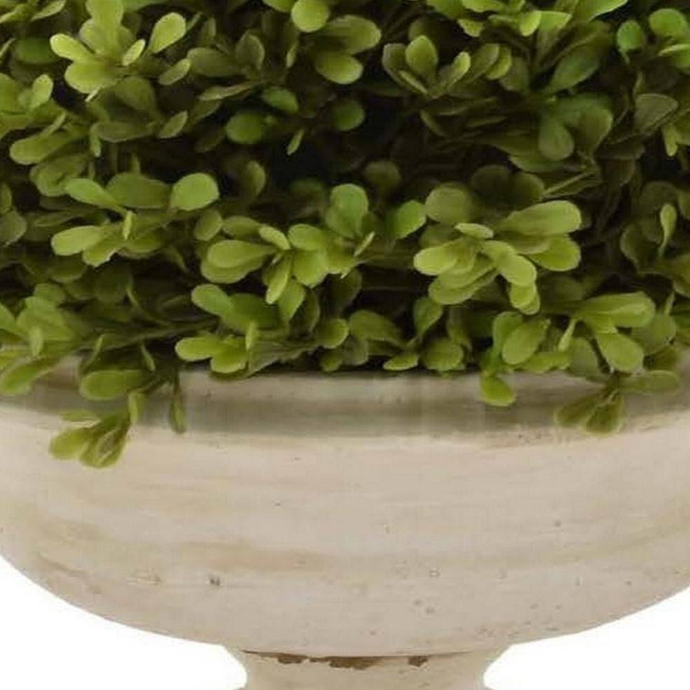 15-Inch Green Faux Boxwood Topiary Plant in Off-White Urn Pot