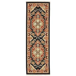 Lillian Black/Red 2 ft. x 6 ft. Medallion Traditional Oriental Wool/Nylon Blend Fringed-Edge Indoor Runner Area Rug