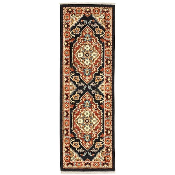 Lillian Black/Red 2 ft. x 6 ft. Medallion Traditional Oriental Wool/Nylon Blend Fringed-Edge Indoor Runner Area Rug