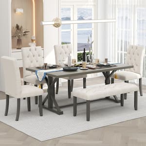 6-Piece Gray Rectangle MDF Top Dining Table Set with 4 Upholstered Chairs and Bench