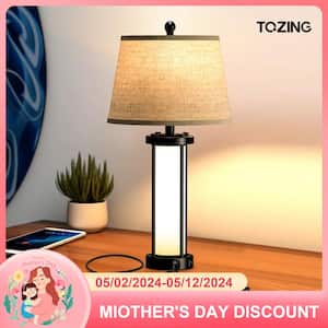 26.3 in. Black Modern Metal Integrated LED Fabric Lampshade Table lamp with Dual USB Charging Ports (Bulbs Included)