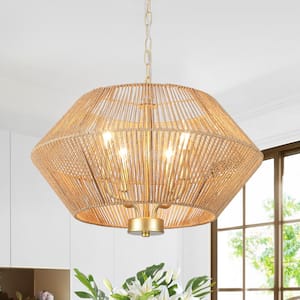 4-Light Spray Gold and Brown Dimmable Paper Rattan Lampshade Candle Chandelier for Living Room with No Bulbs Included