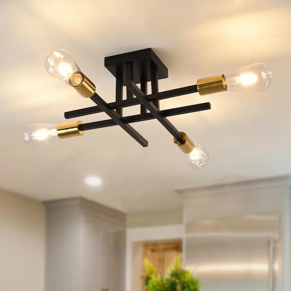 LWYTJO 18.11 in. 4-Light Black/Gold Dimmable Sputnik Linear Chandelier Semi Flush Mount Chandelier for Living Dining Room Foyer