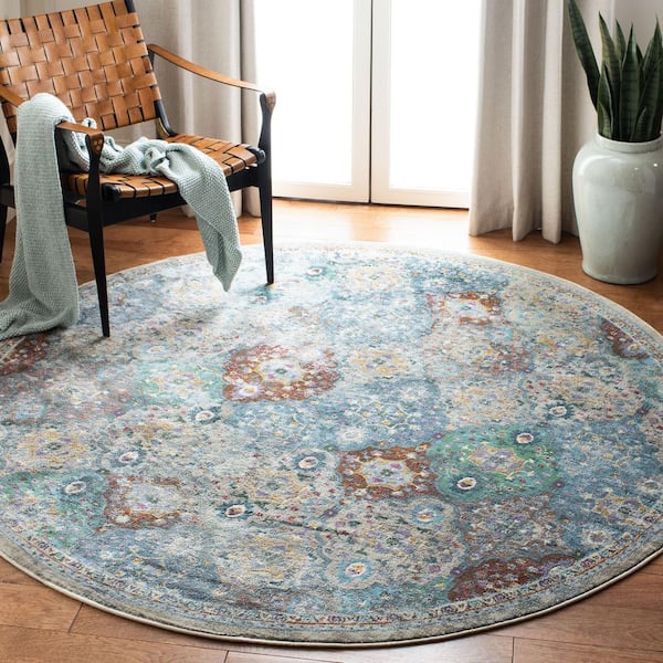 Luxor Ivory/Turquoise 7 ft. x 7 ft. Border Medallion Trellis Round Area Rug