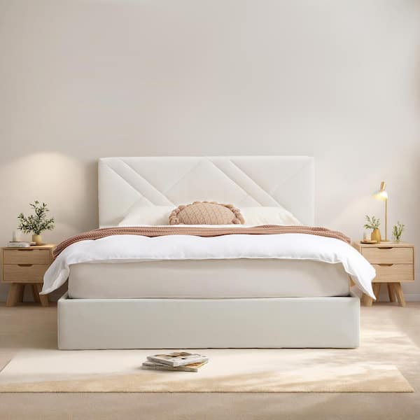 Cream White Plywood Frame Queen Size Velvet Upholstered Platform Bed with Lifting Storage