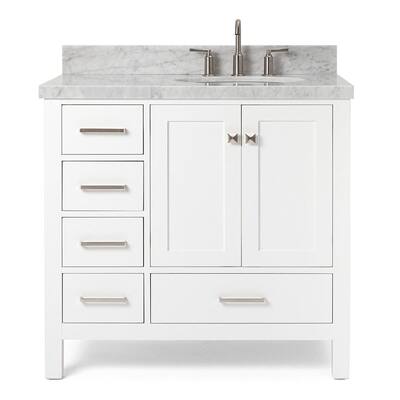 Cambridge 37 in. Bath Vanity in White with Marble Vanity Top in Carrara White with White Basin