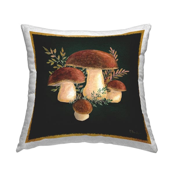 Mushrooms With Botanical Sprigs Black Square Outdoor Throw Pillow