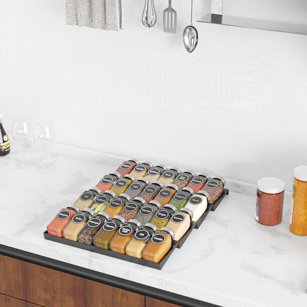 13 in. x 17.5 in. 4-Tier Spice Drawer Organizer with 28 Spice Jars, 386 Spice Labels for Kitchen Drawers, Black
