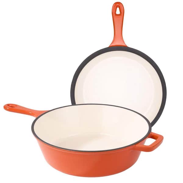 3 qt. Dutch Oven + 1.5 qt. Skillet Orange, Round Cast Iron Non-Stick Skillets Set with Lid (2-Piece)