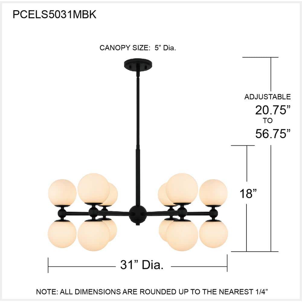 Elser Matte Black 12-Light Chandelier with Opal Glass Shades