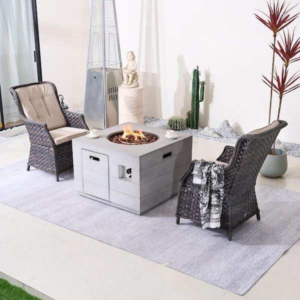 Aruna 3-Piece Brown Wicker Aluminum Outdoor Fire Pit Set with Brown Cushions