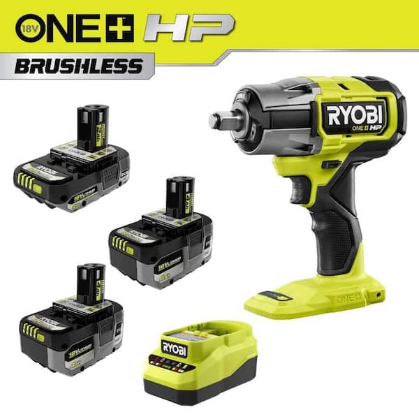 ONE+ 18V Lithium-Ion 4.0 Ah Battery, 2.0 Ah Battery, and Charger Kit w/ FREE ONE+ HP 18V Brushless 1/2 in. Impact Wrench