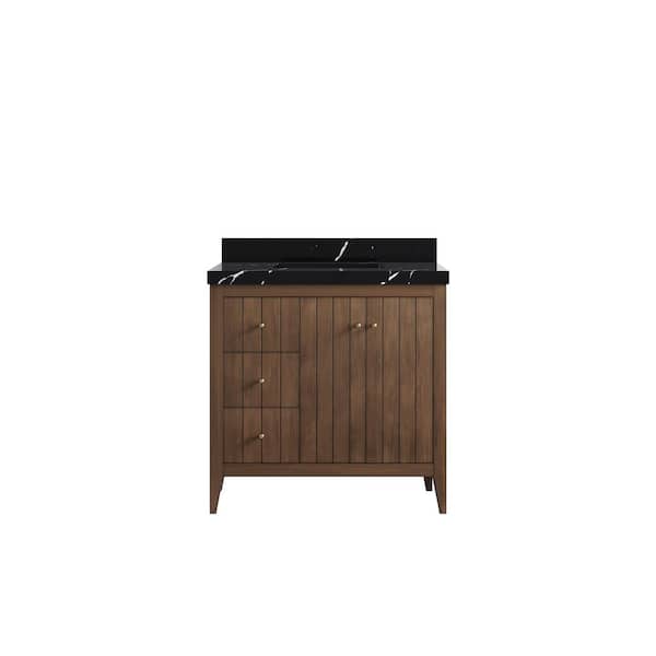 Willow Collections Atlanta Teak 36 in. W x 22 in. D x 36 in. H Single Sink Bath Vanity in Dark Natural with 2 in. Calacatta Black qt. Top