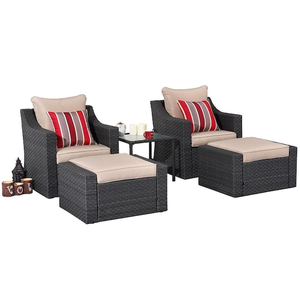 Cesicia Patio Black 4-Piece Wicker Outdoor Chaise Lounge with Khaki Cushions