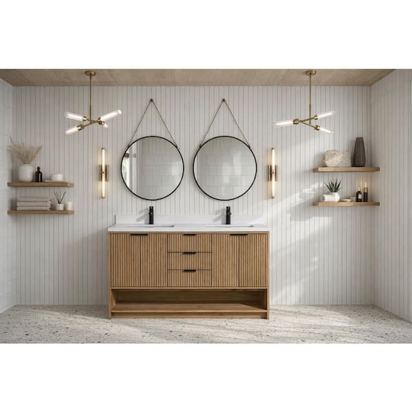 San Diego 55 in W x 22 in D x 34.5 H Double Bath Vanity in Weathered Fir with Stone Top in White with White Basin