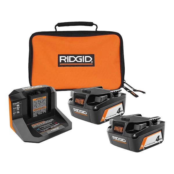 RIDGID 18V Lithium-Ion (2) 4.0 Ah Battery Starter Kit with Charger and Bag