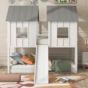 White Twin Over Twin House Bunk Bed with Slide and Windows, Wood Low Bunk Bed Frame with Ladder and Guardrails for Kids