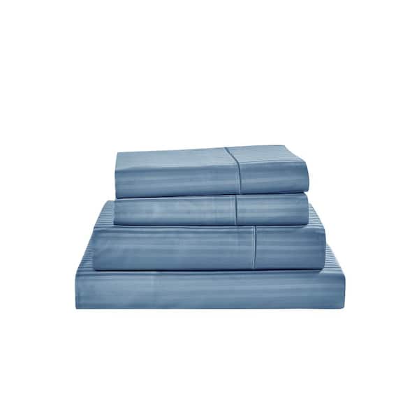 Kathy Ireland Damask Stripe 4-Piece Blue Cotton Queen Sheet Set