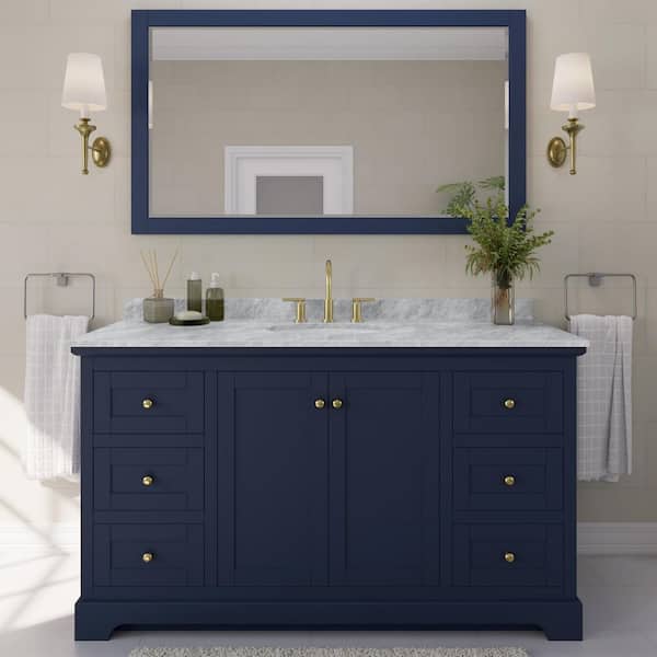 Wyndham Collection Avery 60 in. W x 22 in. D Bathroom Vanity in Dark Blue with Marble Vanity Top in White Carrara with White Basin
