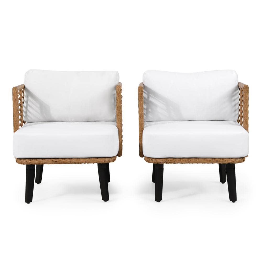 Light Brown Wicker Outdoor Club Chair with White Cushions, Set of 2