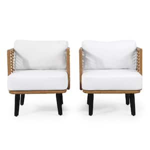 Nic Light Brown Removable Cushions Metal and Faux Rattan Outdoor Patio Lounge Chair with White Cushion (2-Pack)