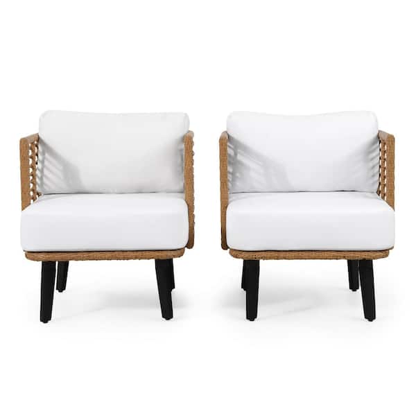 Noble House Nic Light Brown Removable Cushions Metal and Faux Rattan Outdoor Patio Lounge Chair with White Cushion (2-Pack)