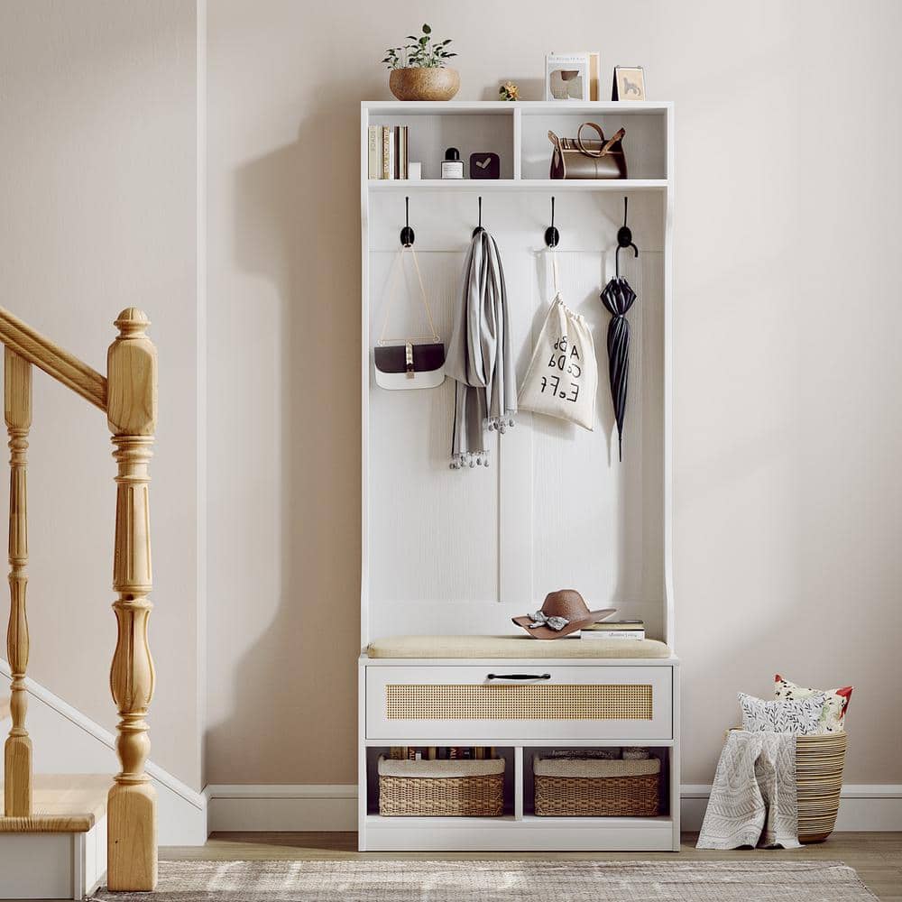 White Hall Tree with Bench, Rattan Storage and Cushion