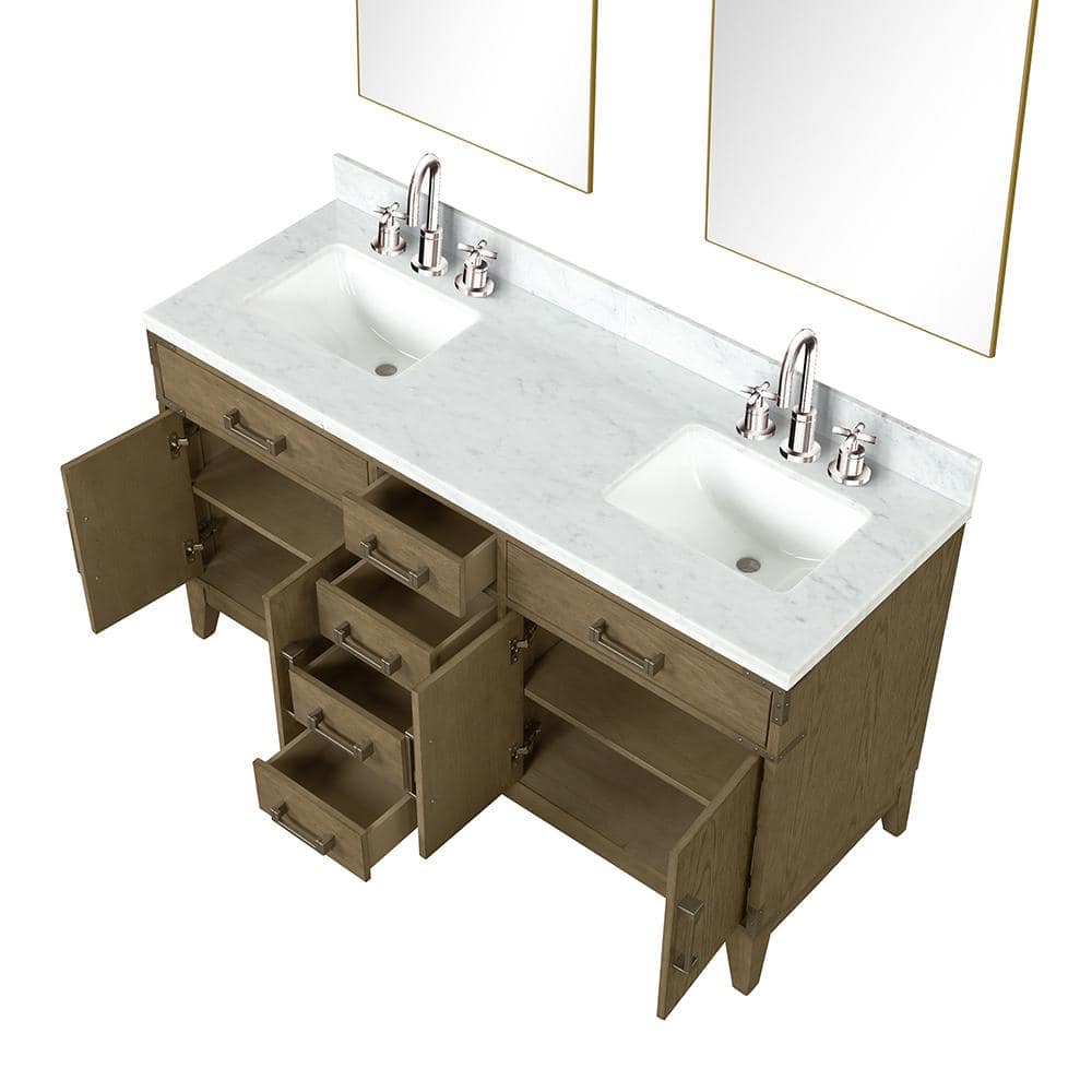 Fossa 60 in W x 22 in D Grey Oak Double Bath Vanity, Carrara Marble Top, Faucet Set, and 28 in Mirrors price history on PriceWatchPro