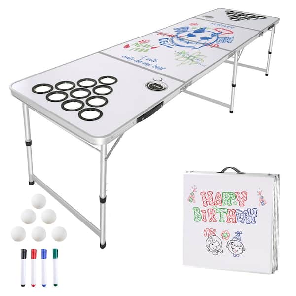 8 ft. Portable Beer Pong Table Folding Tailgate Table Cup Holes Dry Erase Markers and Carrying Handles