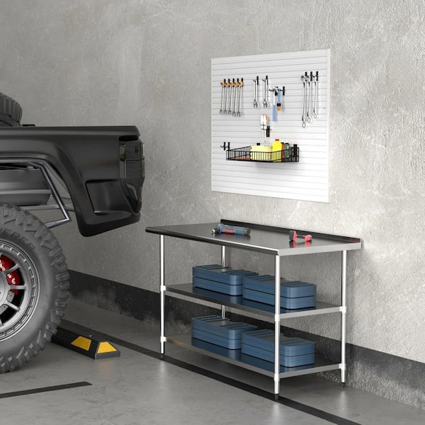 Tileon Metal Work Table with 2 Adjustable Undershelves and Backsplash, Stainless Steel Table for Kitchen and Garage in Silver