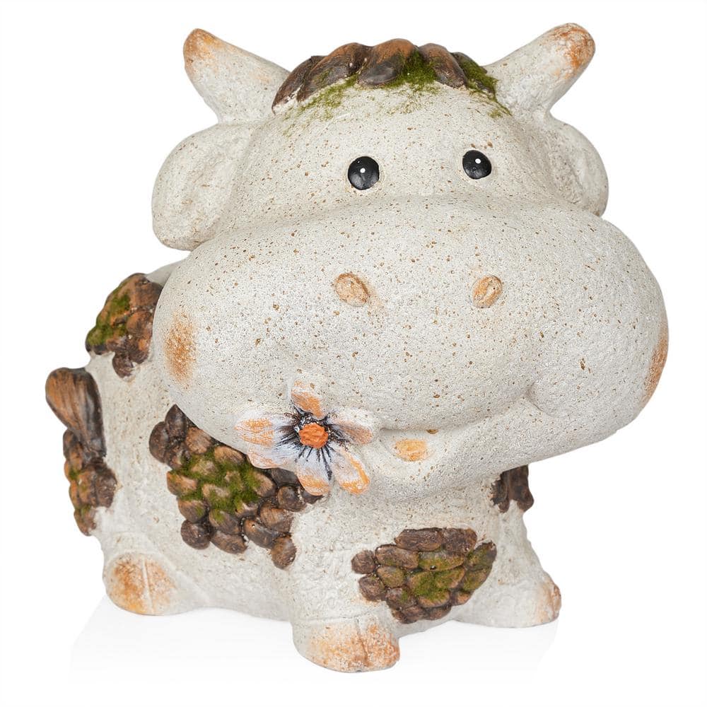 Gray Ceramic Smiling Cow Novelty Outdoor Planter with Drainage Hole