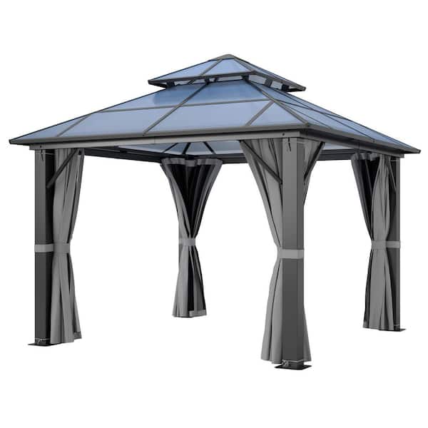 10 ft. x 10 ft. Patio Hardtop Gazebo Outdoor Double Polycarbonate Roof Steel Frame Gazebos with Netting and Curtains