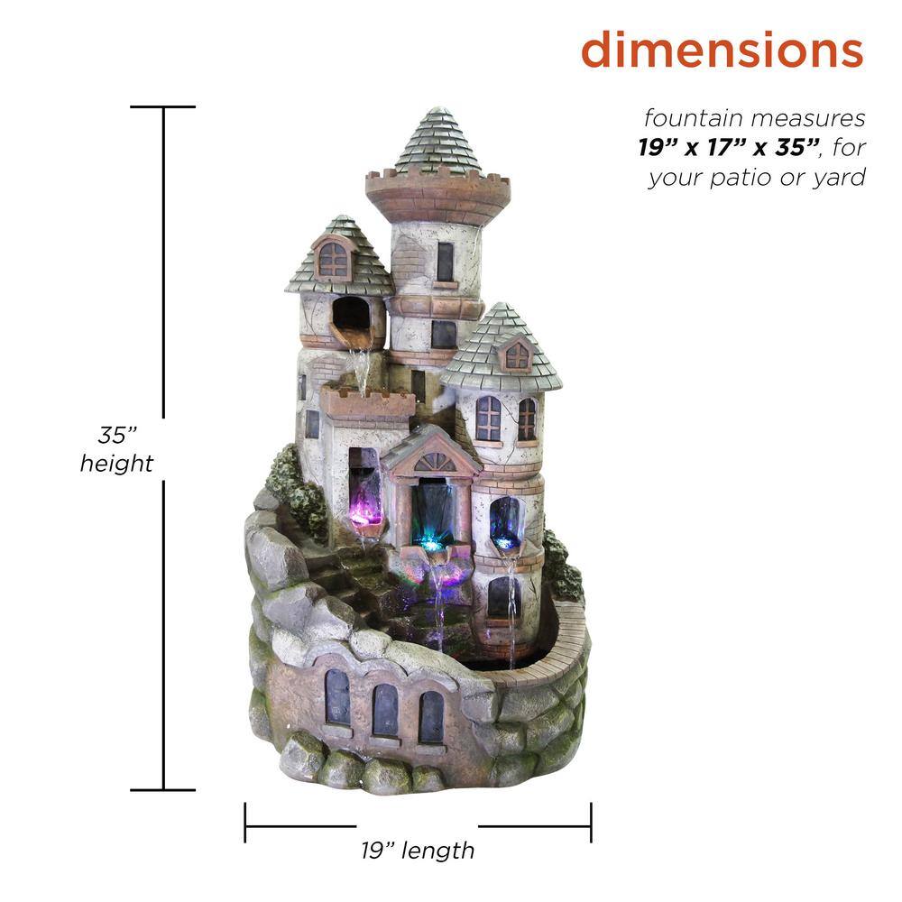 35" Gray Cement Outdoor Castle Fountain with LED Lights