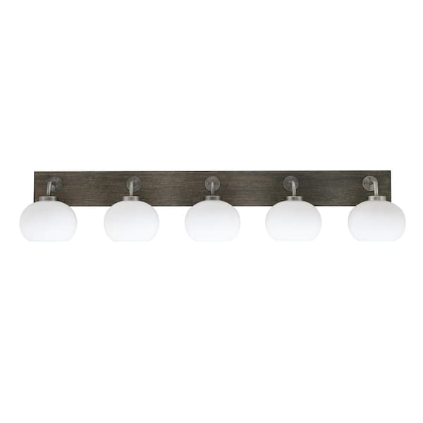 Unbranded Kirby 47.75 in. 5 Light Graphite & Painted Wood-look Vanity Light with 7 in. White Muslin Glass Shades No Bulbs Included