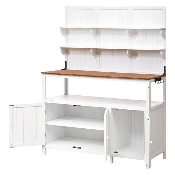 Sudzendf 50 in. Outdoor Farmhouse Fir Wood Garden Potting Bench Table with Cabinet and Open Shelves, White