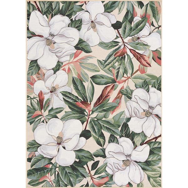 Stunning Cream 5 ft. x 7 ft. Floral Indoor/Outdoor Area Rug
