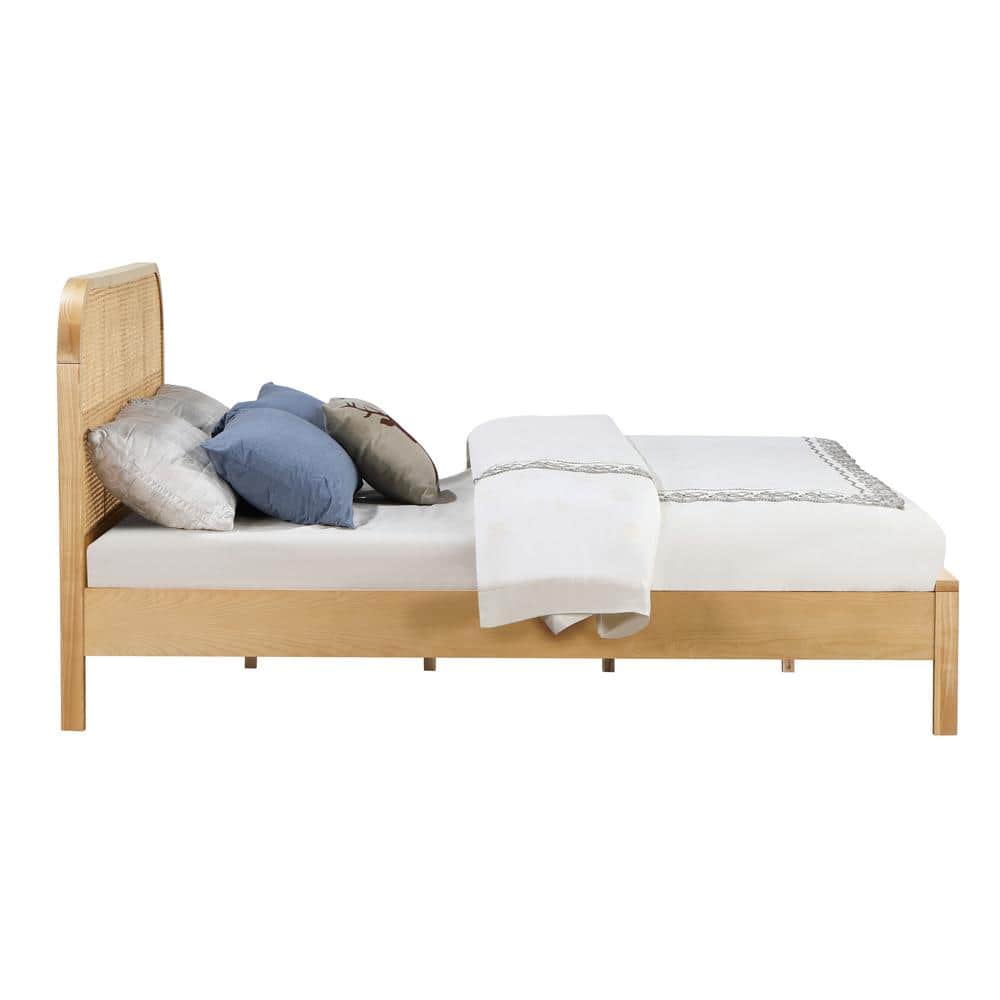 Natural Oak Queen Bed with Rattan Headboard and Storage Drawer