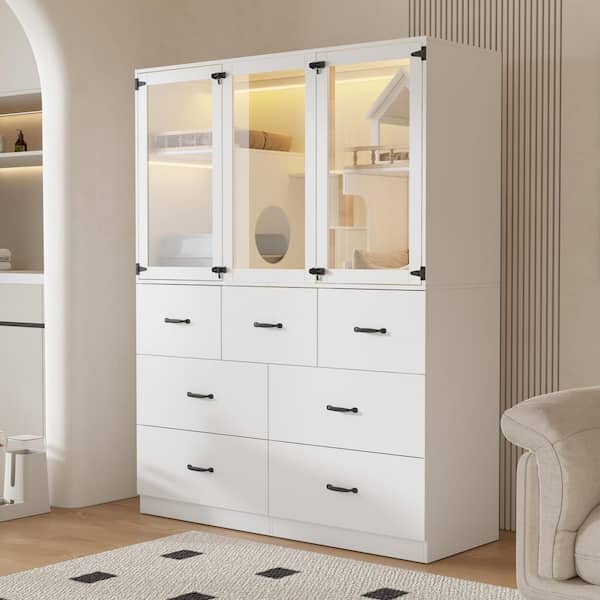 FUFU&GAGA 2-In-1 Storage Cabinet and Cat Litter Box Enclosure Cat Bed with Scratching Pad, Large Cat House with 7-Drawers, White