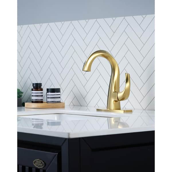 Single Handle Single Hole Bathroom Faucet with Deckplate, Pop Up Drain and Supply Lines Included in Brushed Gold