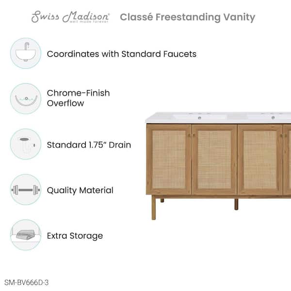 Classed 60 in. Brown Oak, Double Basin Bathroom Vanity with White, 3-Hole Artificial Stone Sink Top