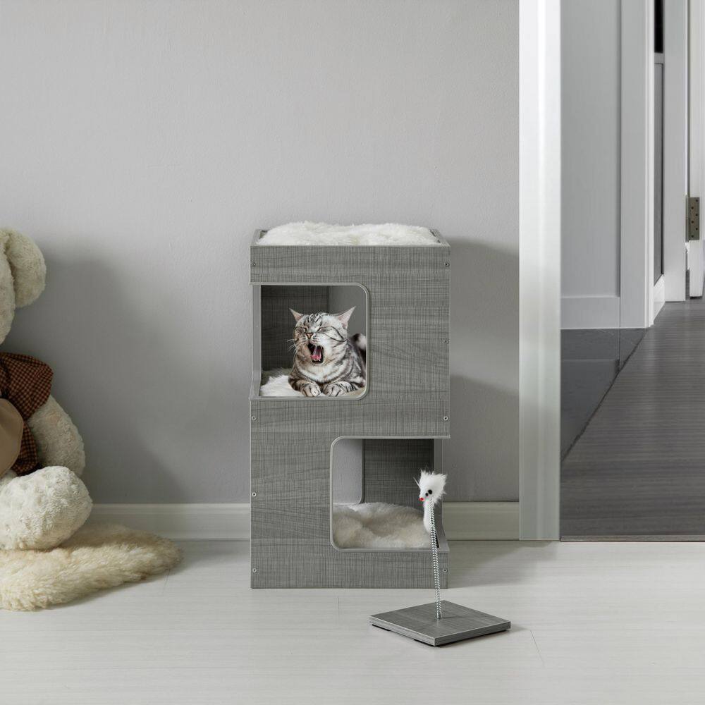 Gray Multi-Level Modern Cat Tower with Soft Faux Fur Cushions